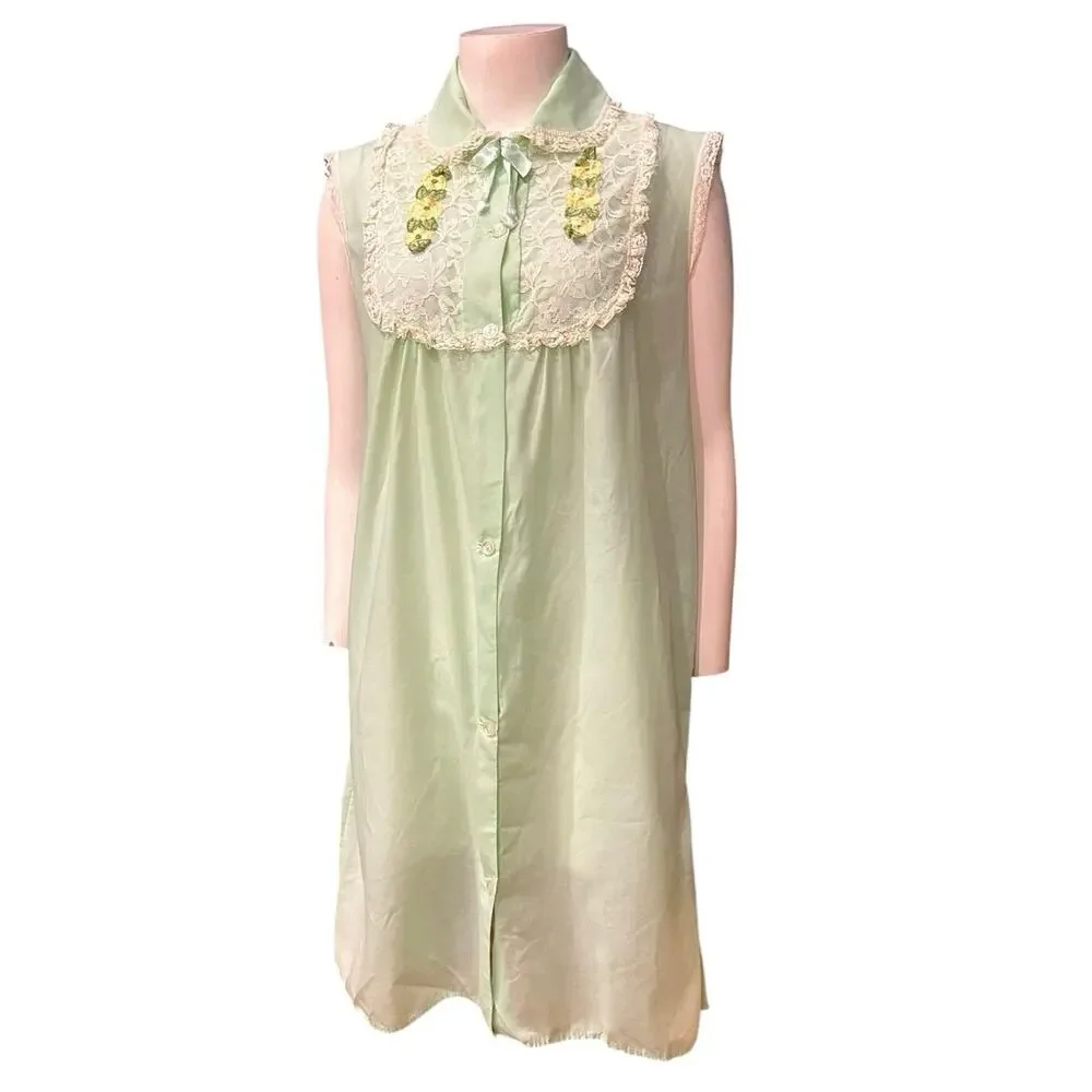 Vintage 1960s Mint Green Lace Cotton Nightgown Embroidered Floral Large -
